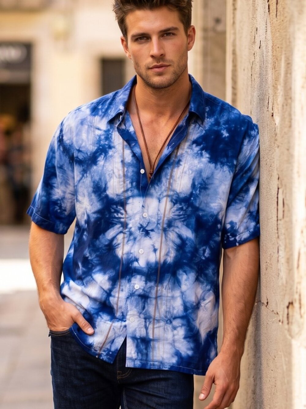 Cubavera Cotton Shirt Short Sleeve Size XL Tie dye Royal BLue Extra Large Aloha